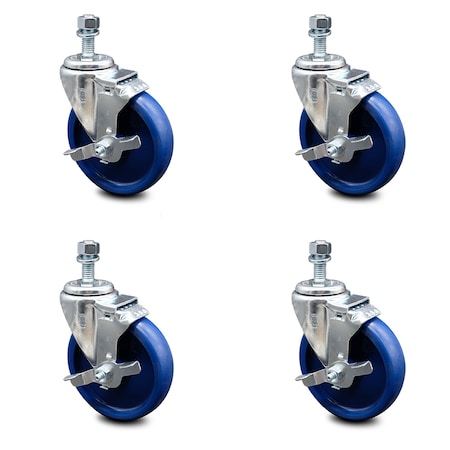 5 Inch Solid Polyurethane Swivel 3/8 Inch Threaded Stem Caster Set With Brake